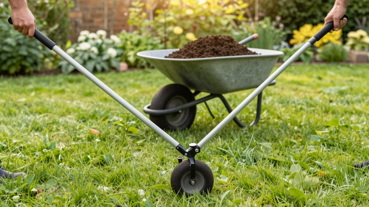 Lush green lawn being fertilized with a spreader