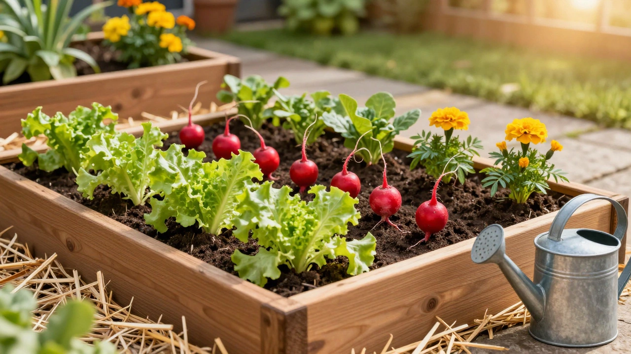 Newly planted raised bed with seedlings and mulch