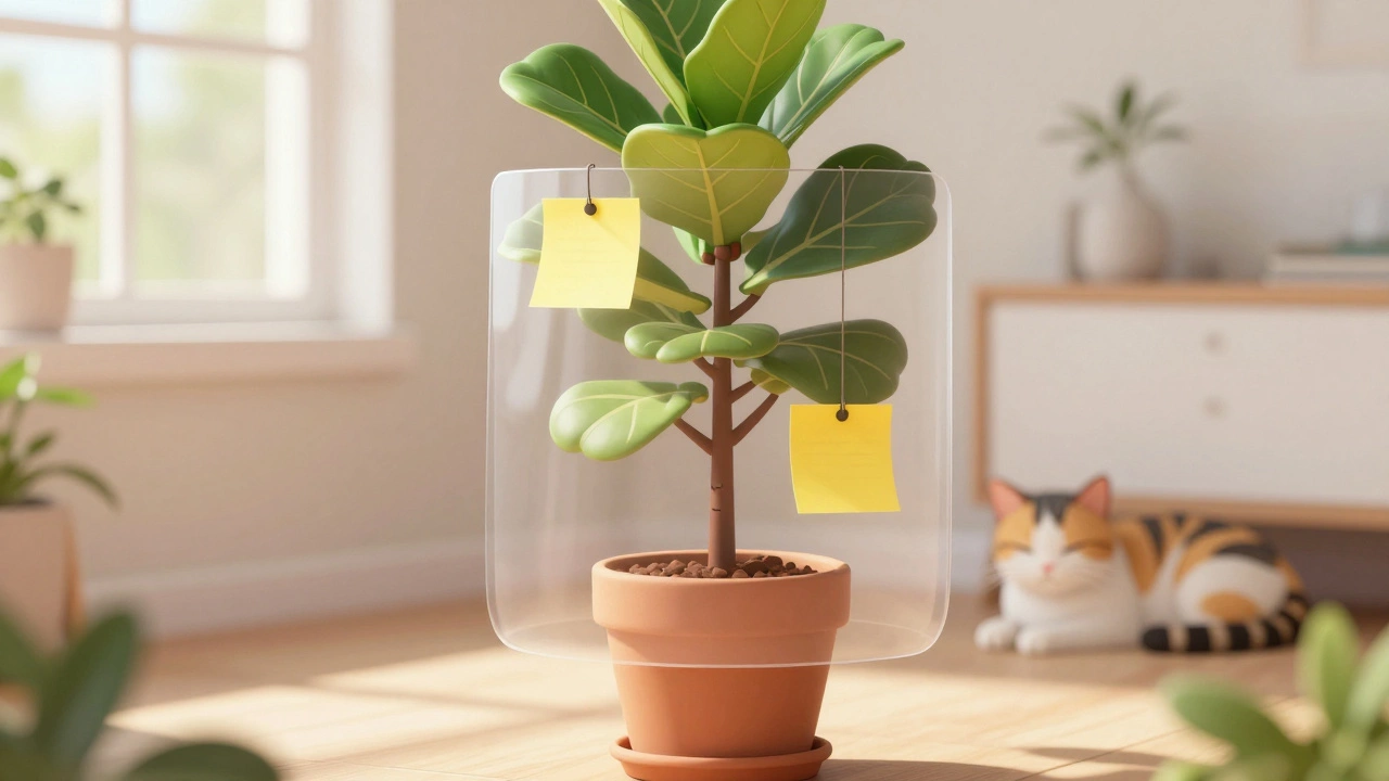 Pet-safe indoor plant protection with sticky traps and sunlight
