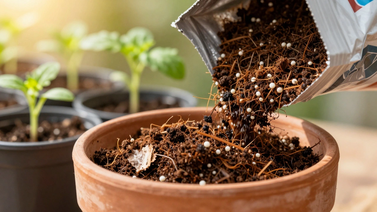 Rich peat-free compost with coir and perlite pouring into a pot
