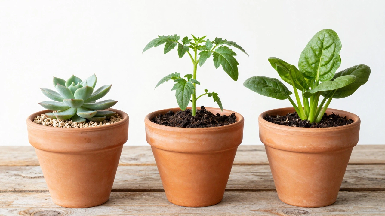 Three pots with tailored soil mixes for different plants