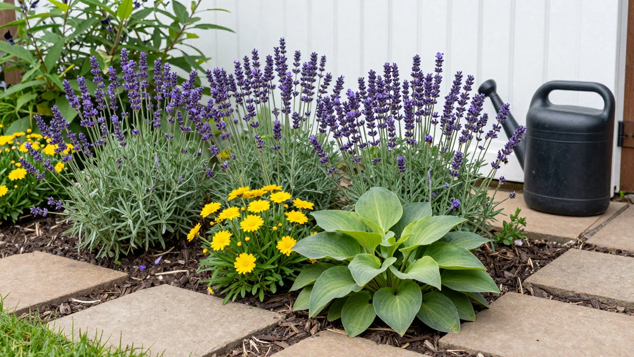 Thriving low-maintenance garden with stepping stones
