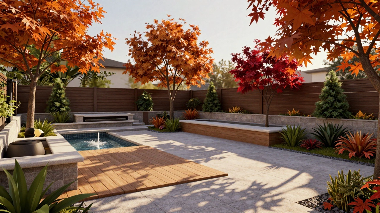 Autumn backyard 3D render with deck, water feature, and colorful foliage