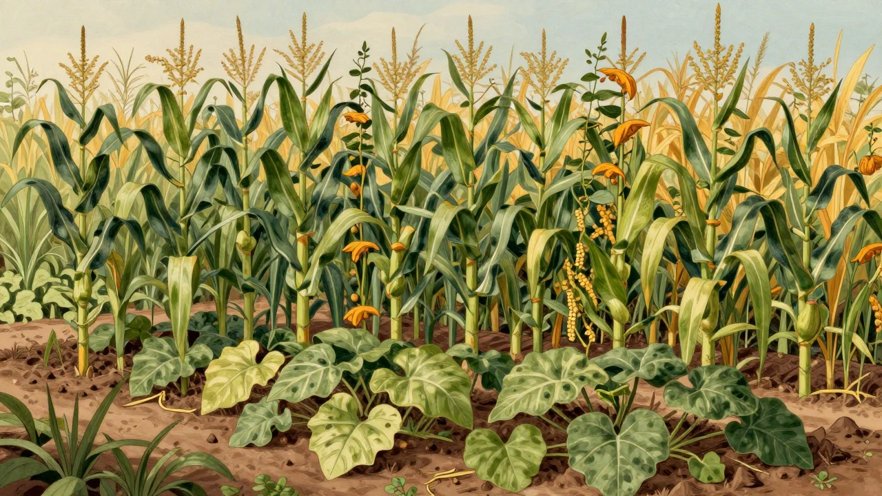 Corn, beans, and squash illustrating the Three Sisters planting method