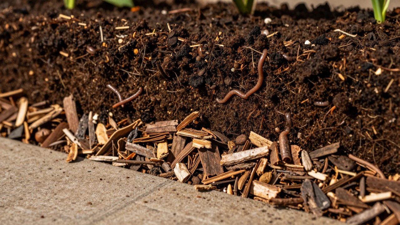 Cross-section of raised bed soil layers with worms and compost