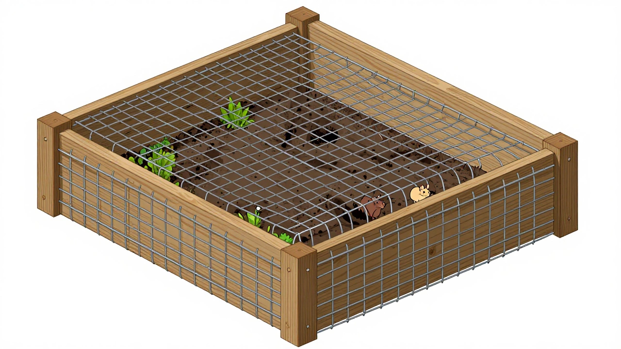 Cross-section of raised bed with L-shaped hardware cloth barrier