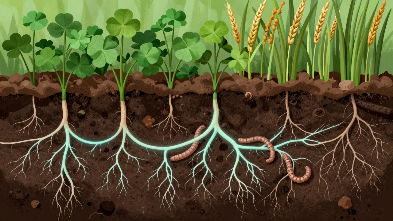 Cross-section of soil showing worms, roots, and fungal networks