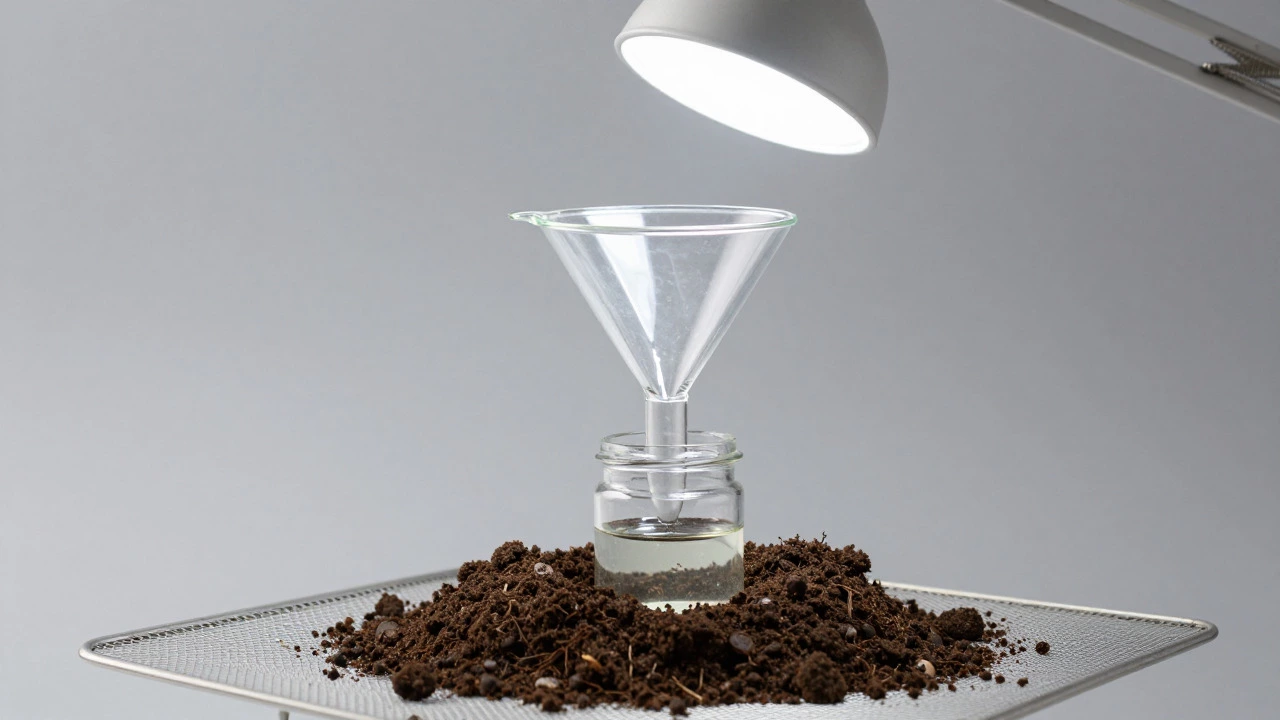DIY Berlese funnel setup with lamp for extracting soil insects