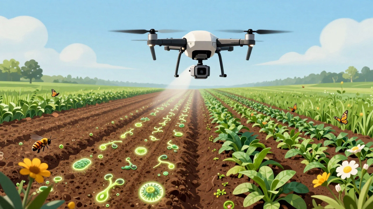 Drone monitoring a field blending tech and nature for regenerative agriculture