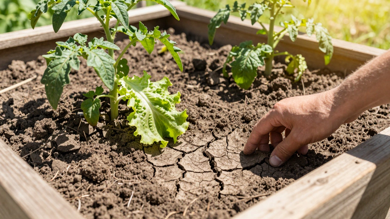Dry cracked soil in a raised bed under hot summer sun