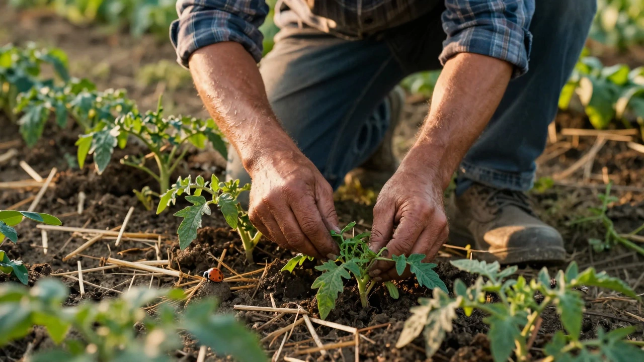 Farmer manually weeding organic garden beds with mulch and ladybugs nearby.