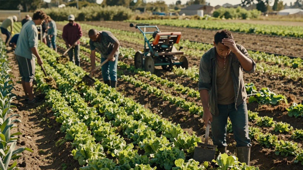 Farmers manually weeding organic crops, highlighting labor intensity and effort
