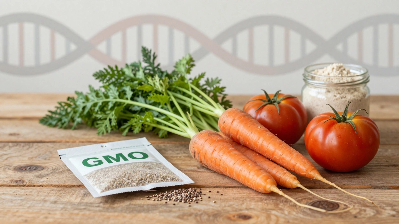 Fresh organic produce and compost on a table, symbolizing non-GMO farming
