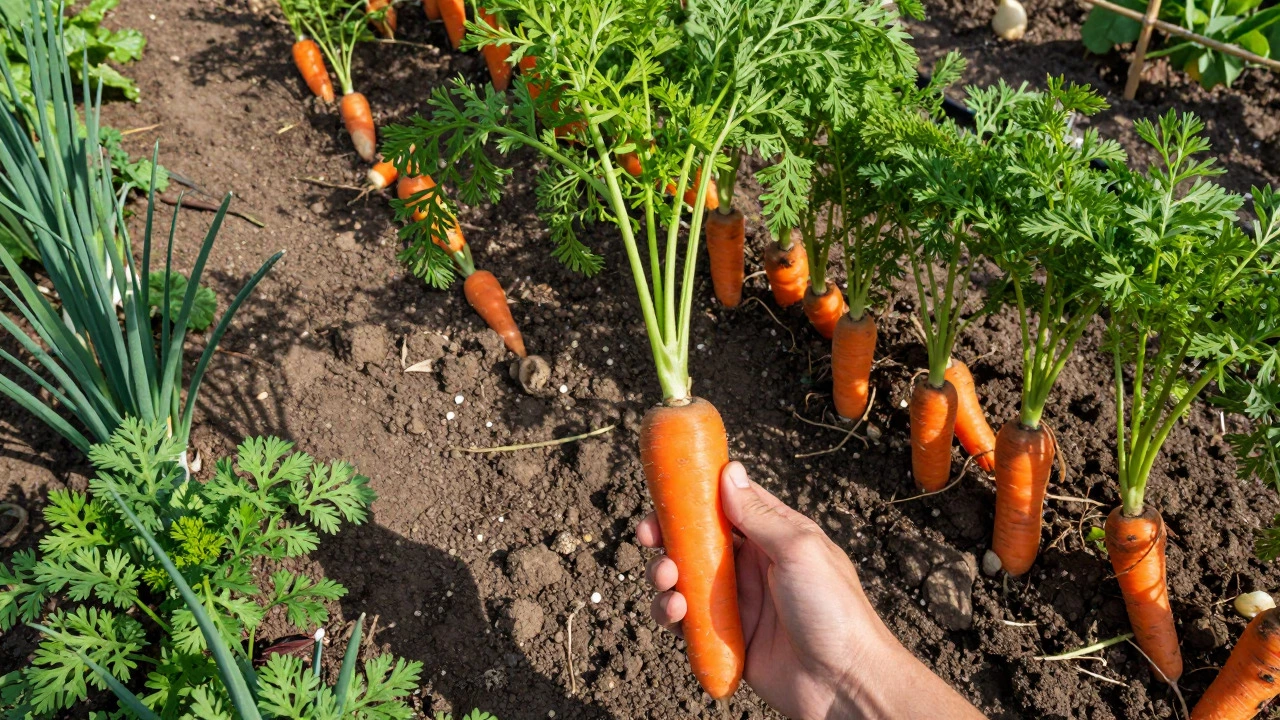 Freshly harvested orange carrots in a garden bed