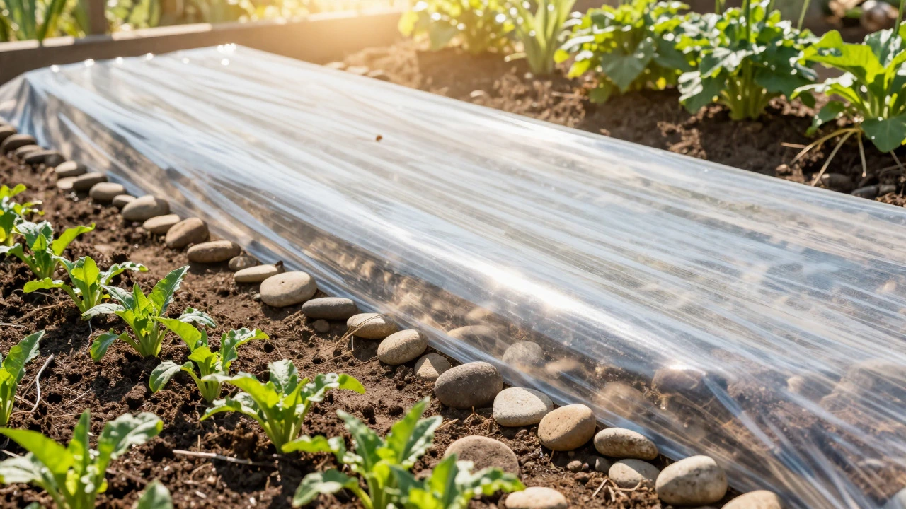 Garden beds covered in clear plastic for solarization under bright sun