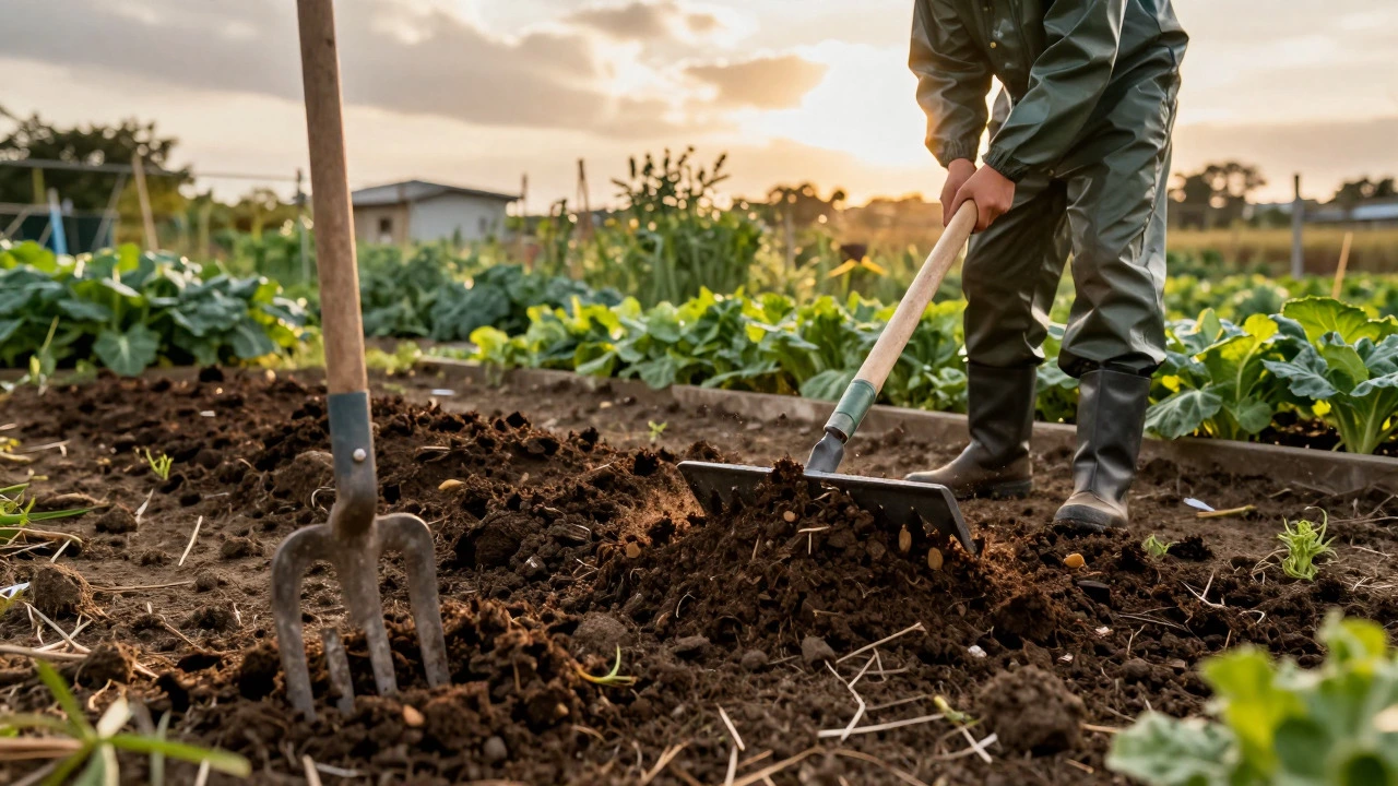 Gardener spreading compost on a vegetable bed with a rake and fork nearby