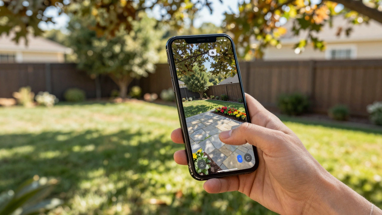 Hand holding smartphone with AR overlay of patio design in real backyard