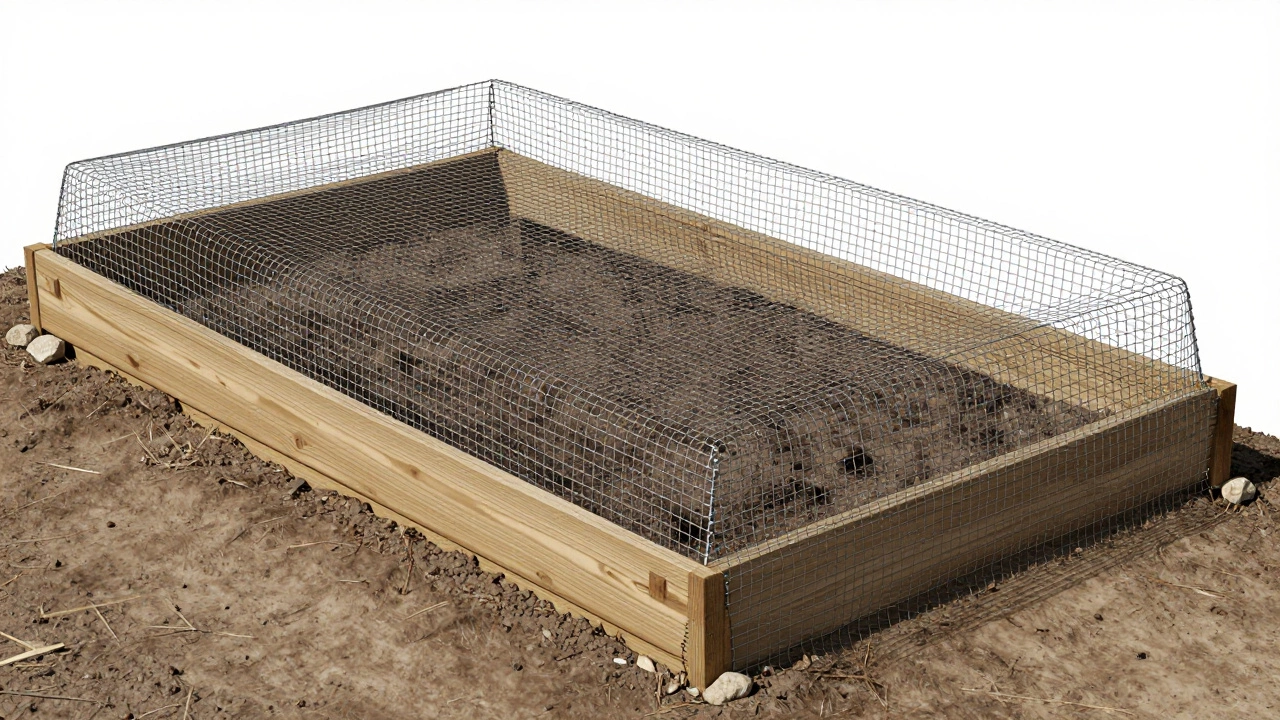 Hardware cloth lining the bottom of a raised bed for pest control