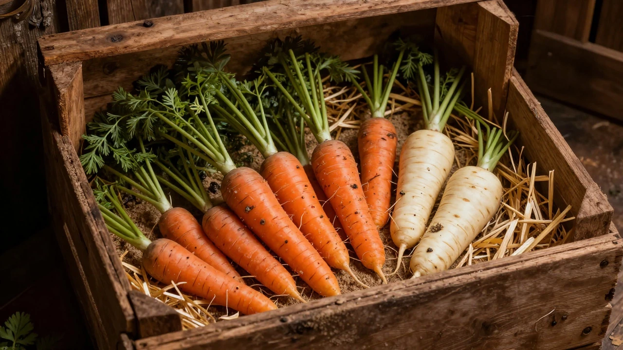 Harvested carrots stored in a wooden crate with sand