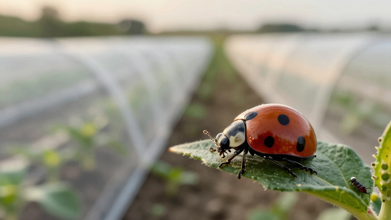 Ladybug eating aphids on a leaf with row covers in the background