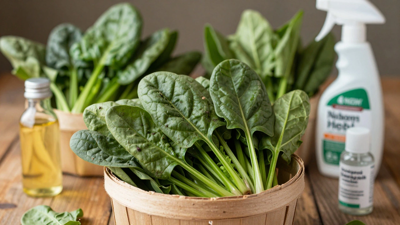 Organic spinach and expensive natural pesticides compared to conventional produce.
