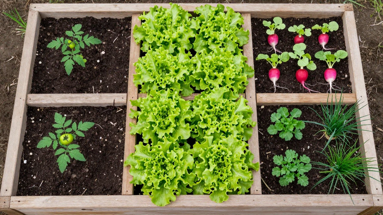 Overhead view of a square foot garden grid with mixed vegetables