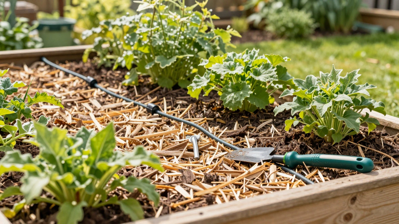 Raised garden bed with mulch and drip irrigation system