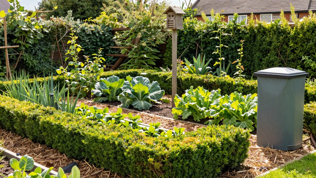 Tidy garden with trimmed hedges, sealed compost, and owl box