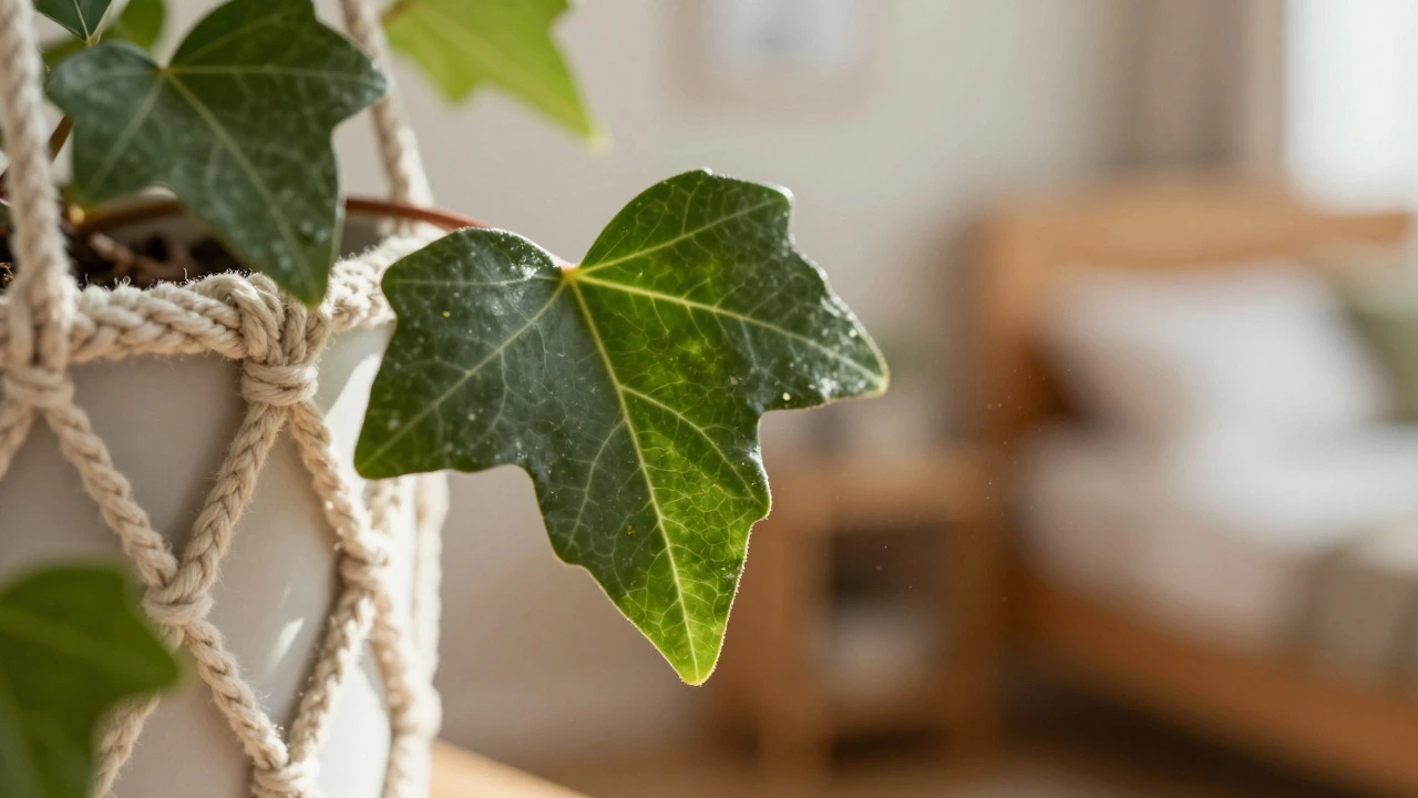 Close-up of English ivy leaf in a sunlit bedroom, symbolizing air purification.