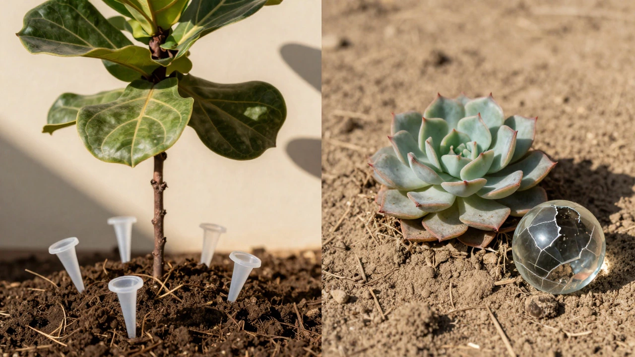 Comparison of healthy plant with plastic spikes vs wilting succulent with broken glass globe