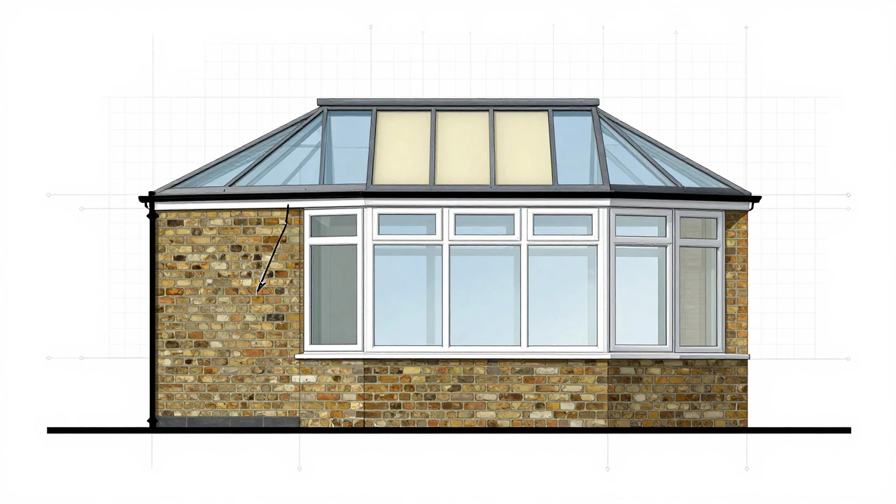 Cross-section diagram showing brick masonry and insulated roof structure of an orangery