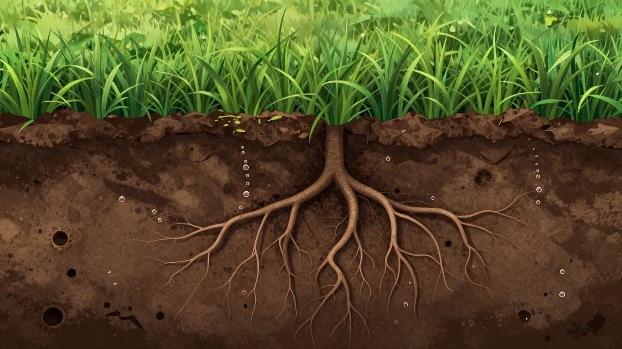 Cross-section illustration of deep grass roots in aerated soil
