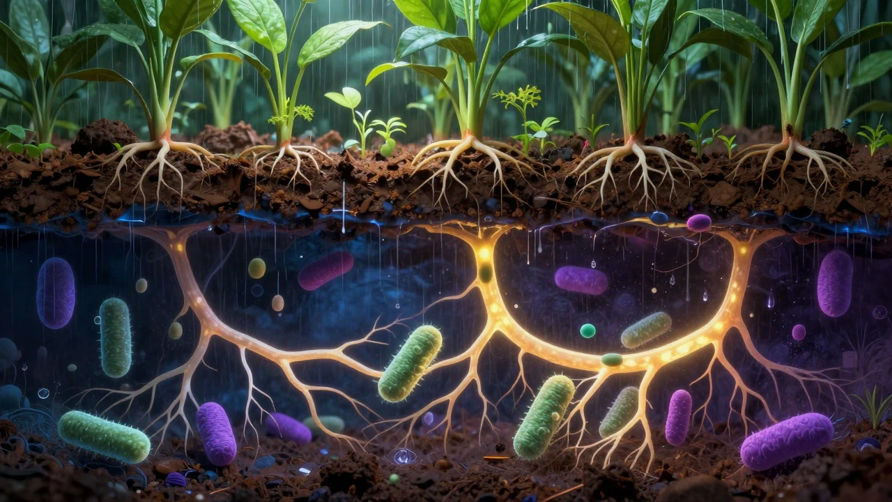 Cross-section illustration of living soil microbes and roots