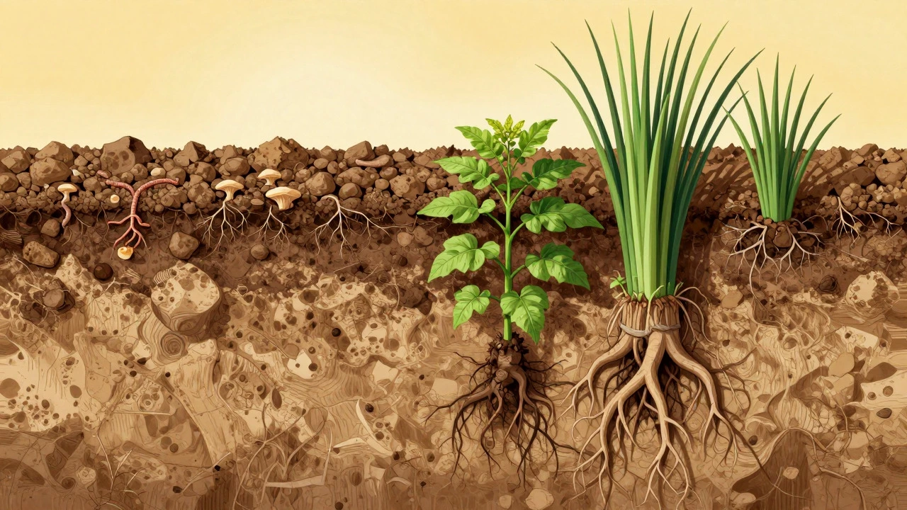 Cross-section of soil showing root systems breaking up clay