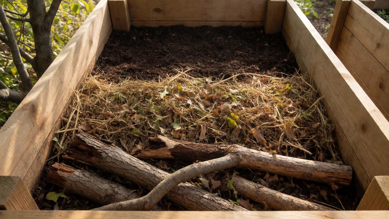 Cross-section view of a raised bed showing Hugelkultur layers of logs, leaves, and soil.