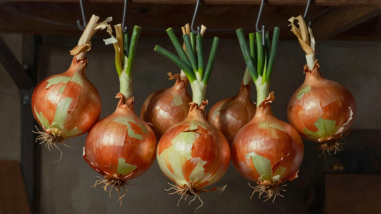 Cured onions with trimmed tops hanging in a storage area