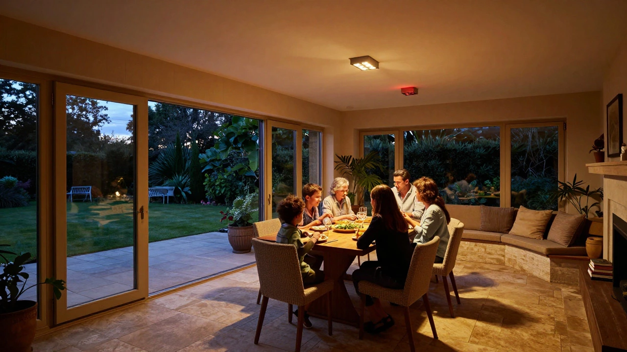 Family dining in a warm, well-lit orangery connected to a garden patio at night