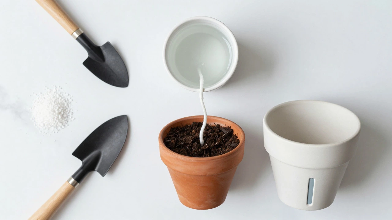 Flat lay of wick method and self-watering pot alternatives for houseplant care
