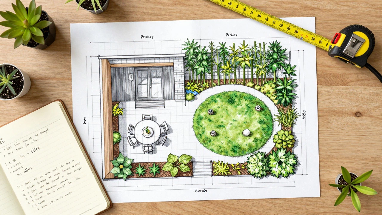 Garden planning tools and zone map on a table, showing design layout.