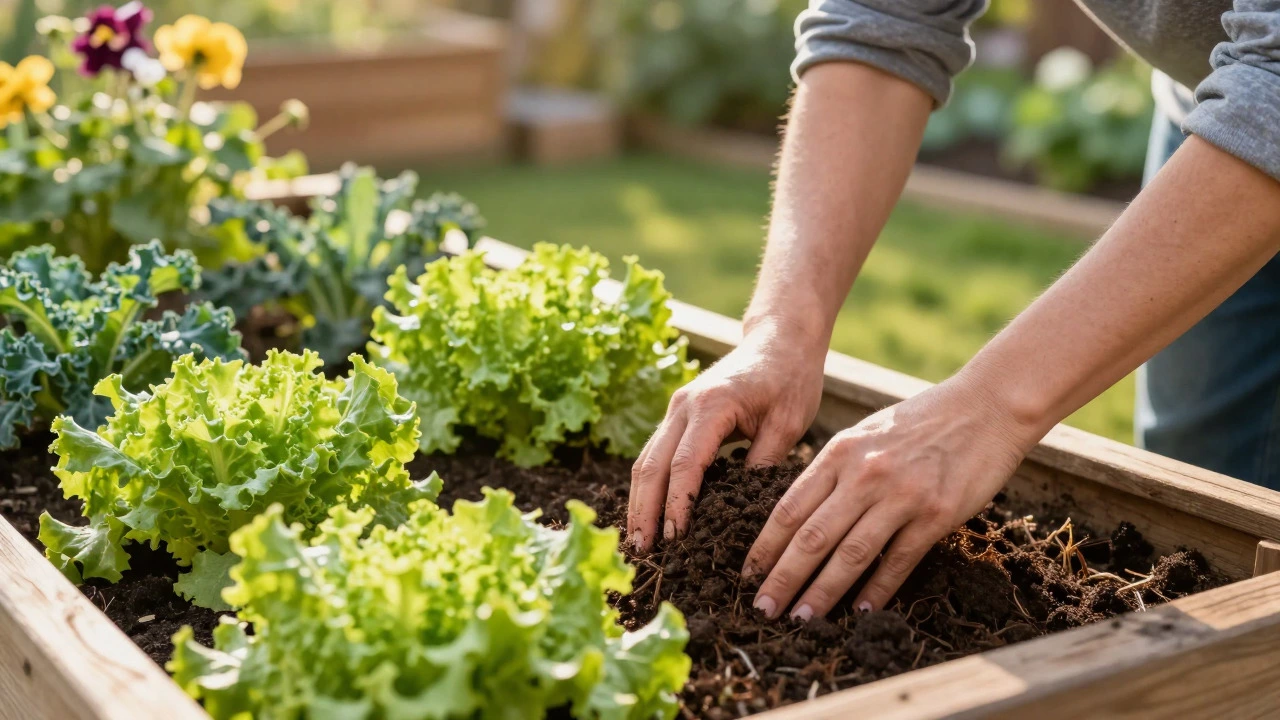 Gardener adding compost to a lush, thriving raised vegetable bed
