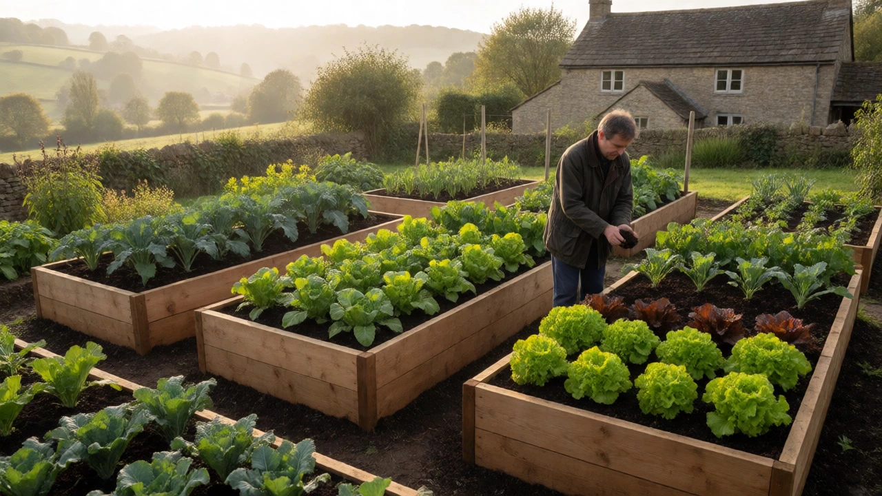 Gardener testing soil texture next to lush vegetable-filled raised beds in a UK garden.