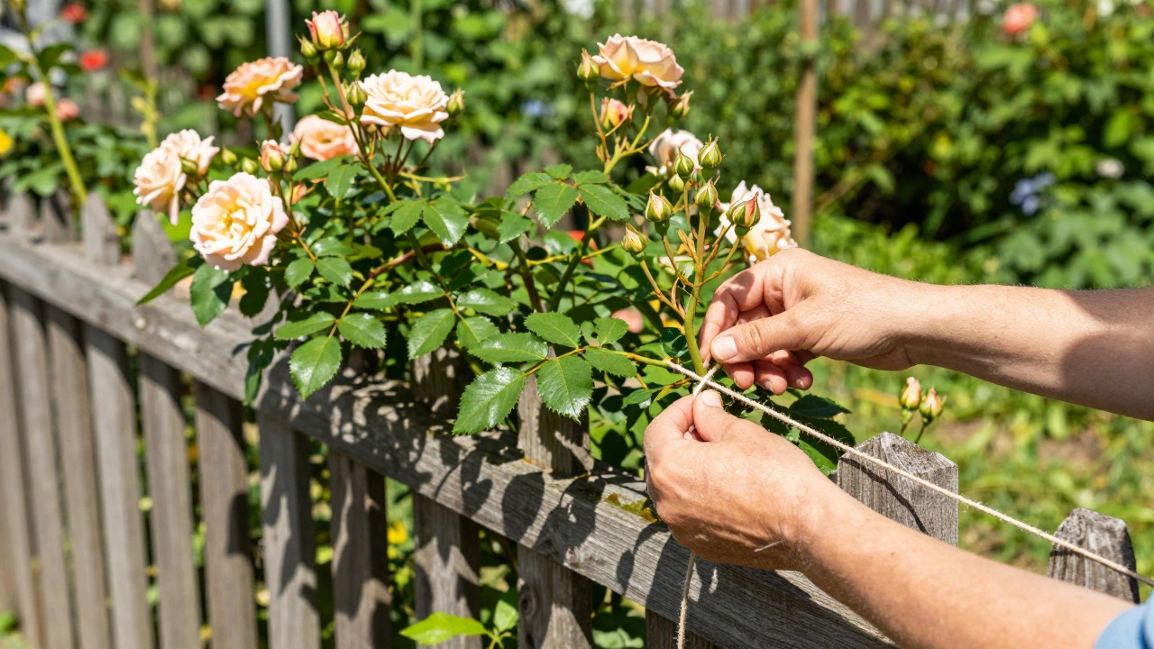 Gardener tying in climbing rose canes along a wooden fence in summer