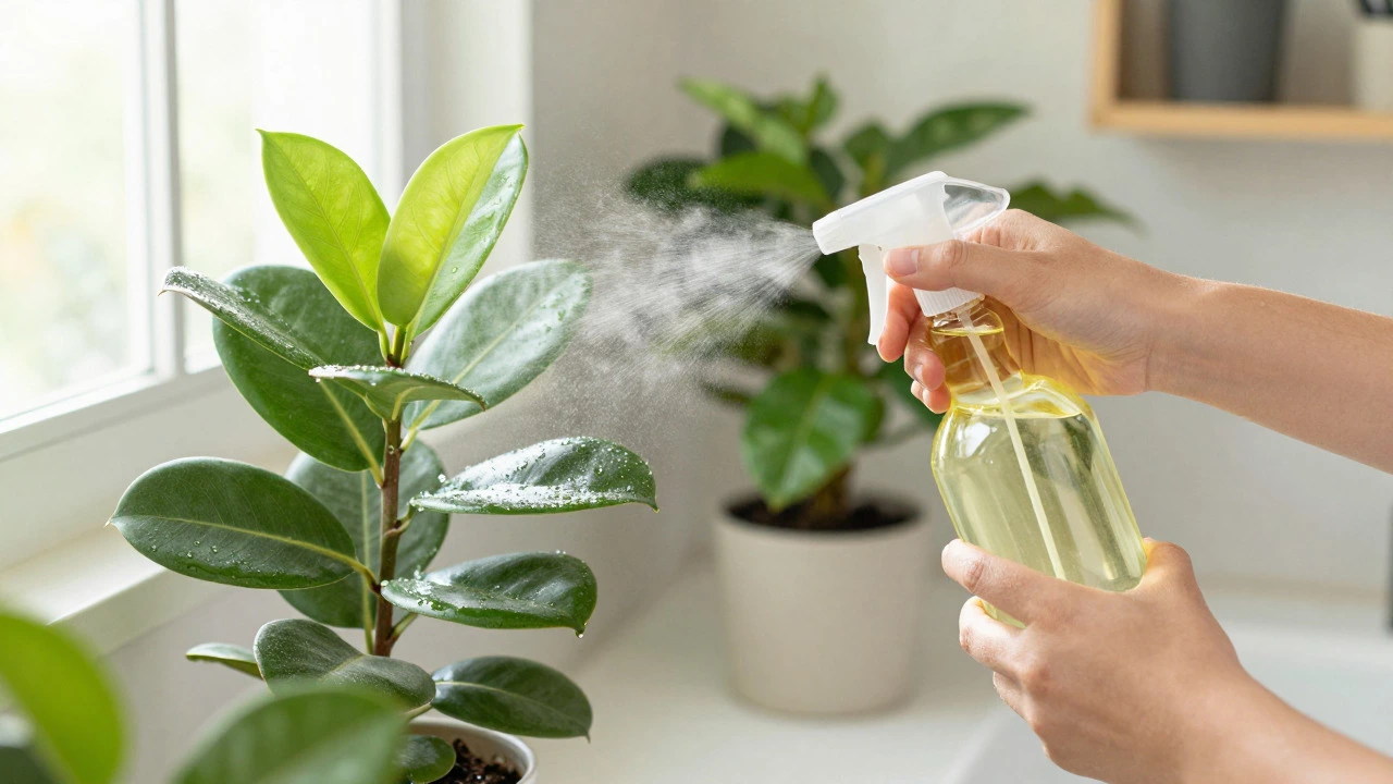 Hands spraying neem oil on a Ficus plant for pest prevention
