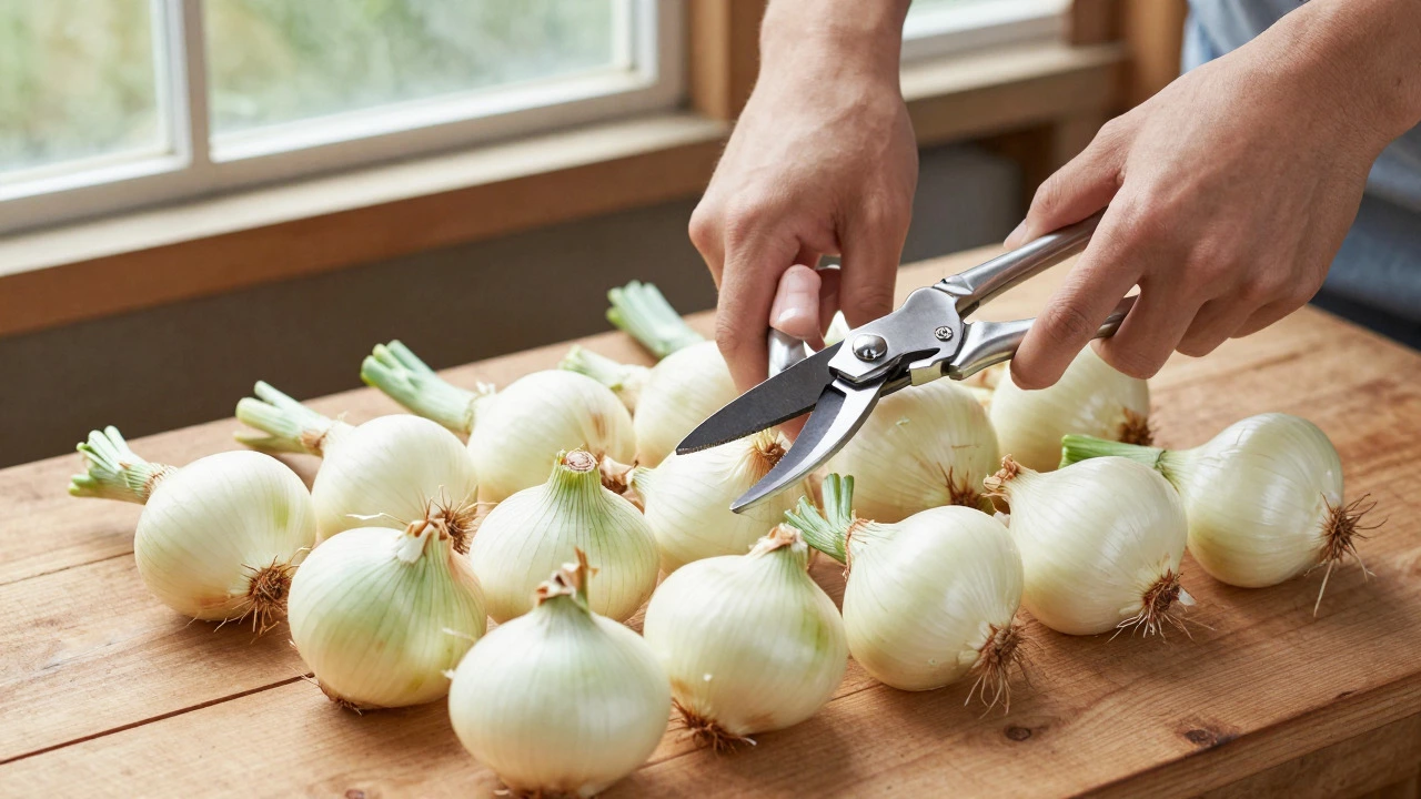 Hands trimming dried onion tops with secateurs on a workbench