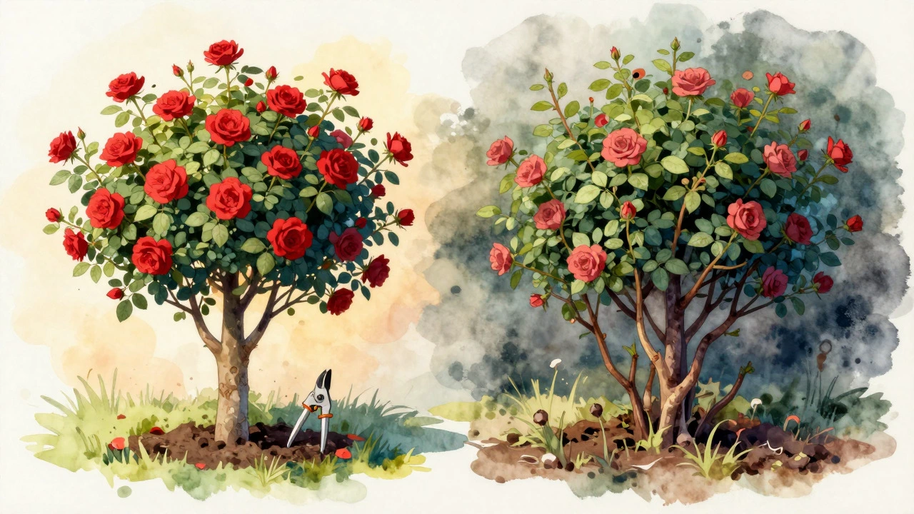 Illustration comparing healthy pruned roses with overgrown, diseased bushes