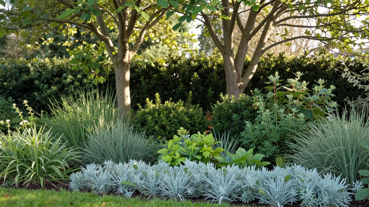 Layered garden with tall trees, shrubs, and ground cover in coastal style.