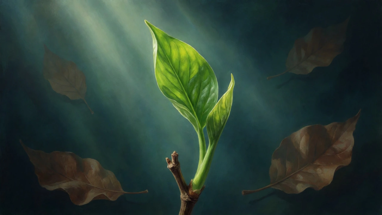 New green leaf sprouting from a stem symbolizing plant recovery