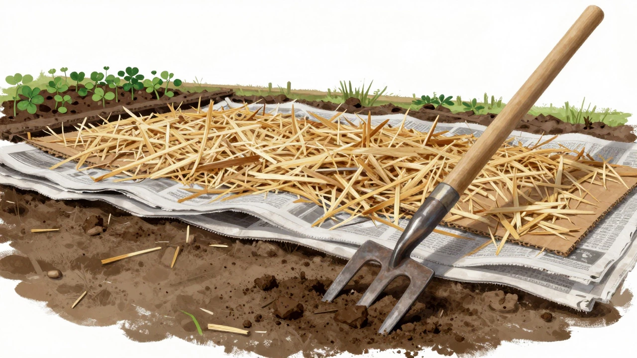 No-dig garden bed with cardboard, mulch, and a broadfork