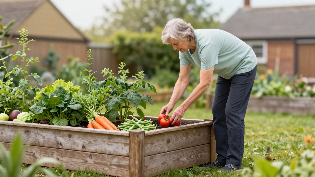 Person harvesting vegetables from a waist-high raised bed without bending over