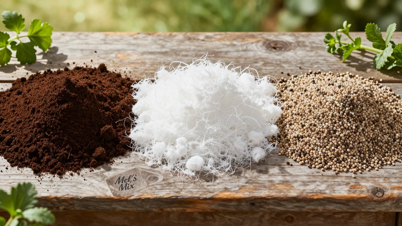 Piles of compost, coconut coir, and vermiculite for soil mix